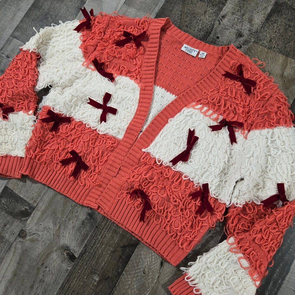 Mighty Fine Shaggy Loop Knit Bow Cardigan Coral Pink Cream Velvet Accents Medium